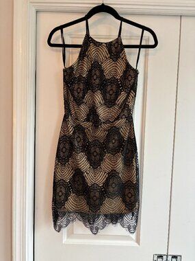 Interi Lace Bodycon Mini Dress Tan & Black - Small